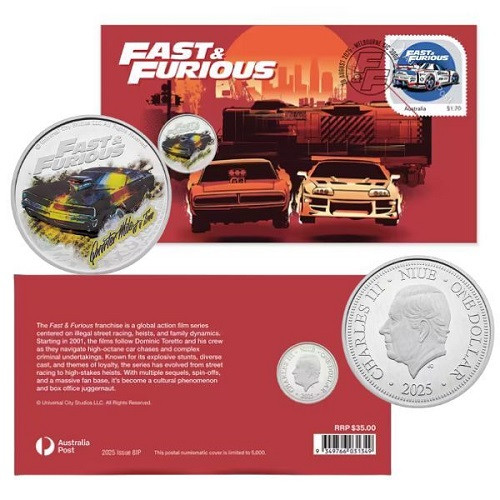 Australia Post Fast&Furious PNC with view of the front & back of Cover & coin obverse & reverse views