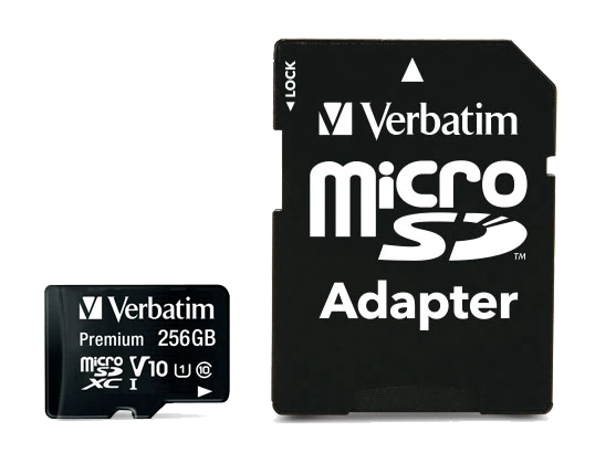 Verbatim Micro SDXC 256GB (Class 10 UHS-I) with Adapter 44087 front view of card and adapter