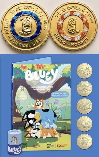 RAM 2026 Bluey complete set with all 7 uncirculated coins, view of book cover & all coins, including the 2 additional collectable $2 coloured coins of Bluey & Bingo