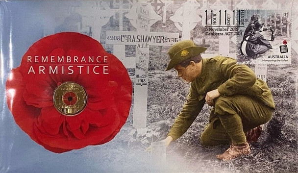 2018 Red Poppy $2 Remembrance Day Centenary of Armistice 'C' Mintmarked Uncirculated Coin & Stamp PNC front view