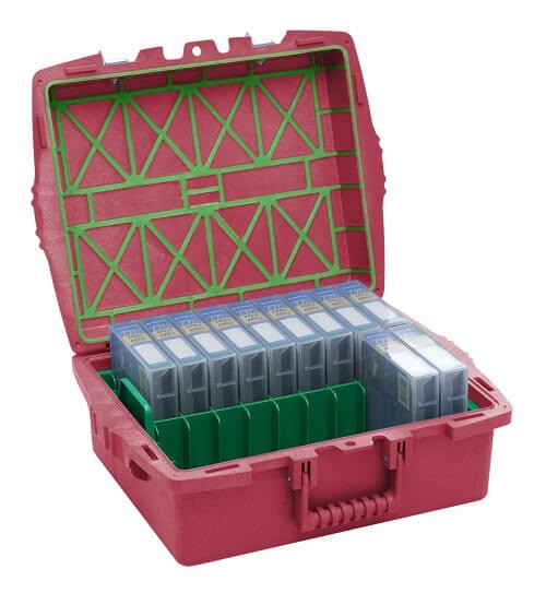 Fujifilm LTO Data Tape Courier Pro Red Case - 18 tape capacity 71020 view of case open with tray & tapes