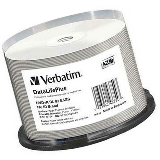 Imaage of Verbatim DVD+R DL 50 Disc Spindle White Wide Thermal Printable 43754