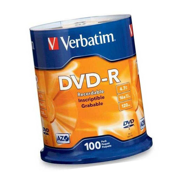 Verbatim DVD-R 100 Disc Spindle 95102 front view in packaging angled to the left