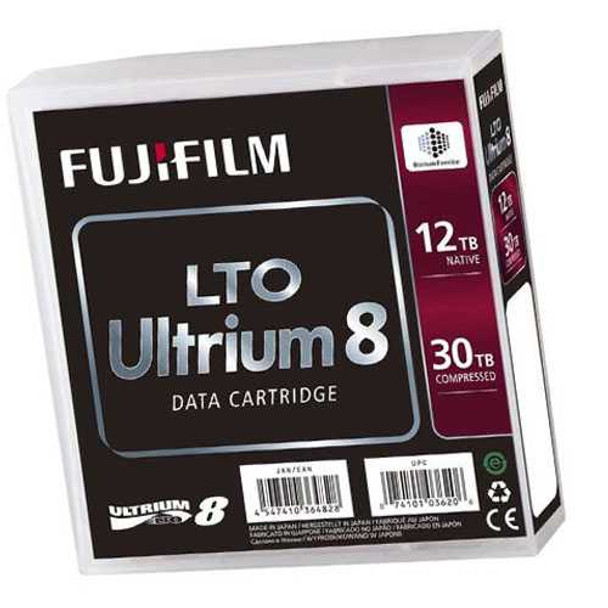 Image of a Fujifilm LTO8 Ultrium8 Data Cartridge in case with packaging