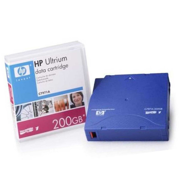 HP LTO-1 Ultrium RW Data Cartridge C7971A front view of case & packaging on the left & the tape cartridge on the right