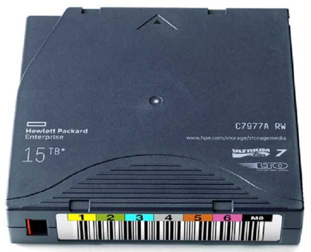 HPE/HP LTO7 M8 Ultrium Type M re-barcoded or pre-barcoded Data Cartridge view of a tape cartridge