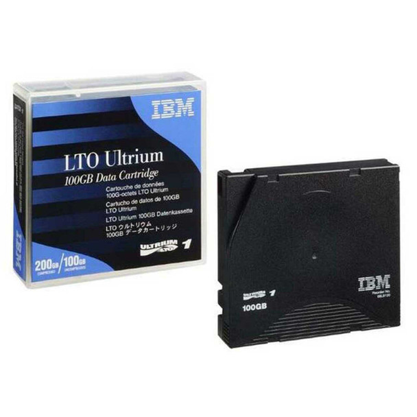 IBM LTO 1 Ultrium 1 100GB/200GB Data Cartridge 08L9120 cartridge & case front view angled right