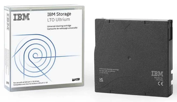 IBM LTO Ultrium Universal Cleaning Cartridge 35L2086 view of the case & packaging on the left & the tape cartridge on the right