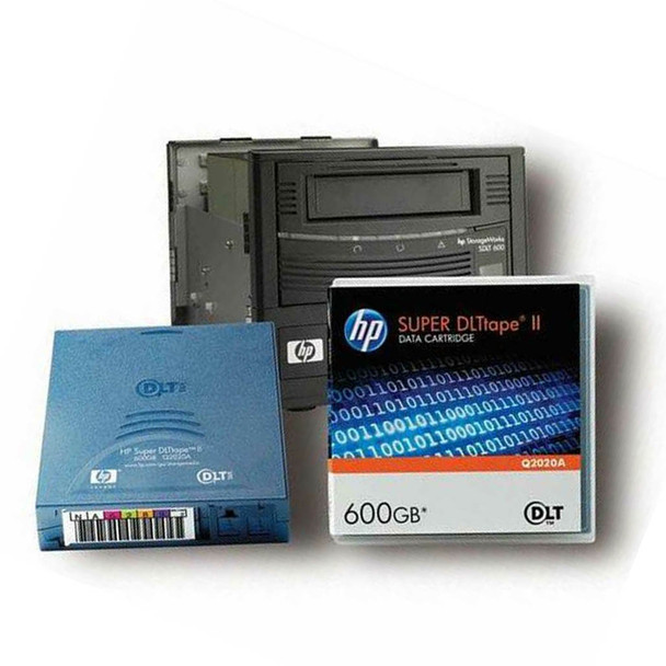 HP SDLT II/SDLT2 Data Cartridges Q2020A front view of the cartridge on the left and the tape case & the packaging on the right
