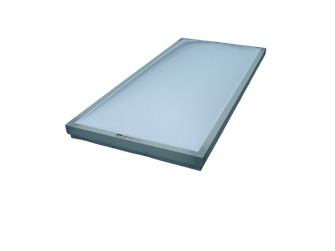 3D rendering of a flat glazed skylight panel on a curb, isometric view on white background