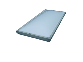 3D rendering of a flat glazed skylight panel on a curb, isometric view on white background