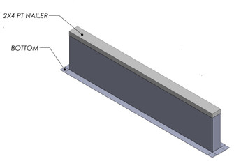 Labeled CAD diagram of the AES-3 rail equipment support curb, calling out the 2x4 PT nailer and bottom rail