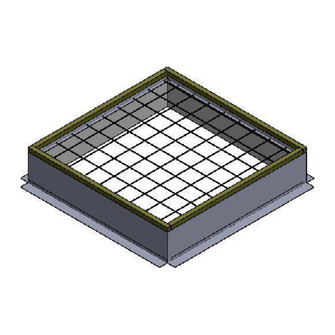 CAD rendering of a galvanized roof curb with a pre-installed safety grid on top