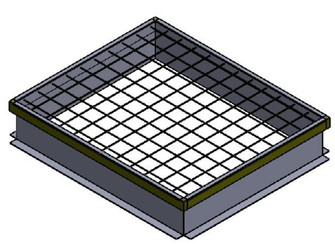 3D rendering of a roof curb with a diagonal wire safety grate on top, isometric view