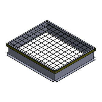 3D rendering of a roof curb with a diagonal wire safety grate on top, isometric view