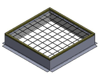 3D rendering of a roof curb with a square wire safety grate on top, isometric view