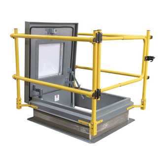 Studio photo of a Dur-Red safety railing system with self-closing gate around an open roof hatch