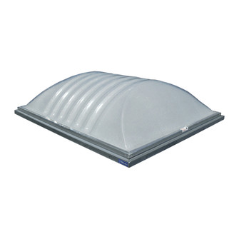 Studio photo of a Sunoptics barrel-vault dome skylight unit on a teal background
