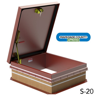 CAD rendering of an open Bilco S-20 roof hatch with a Miami-Dade County Approved badge