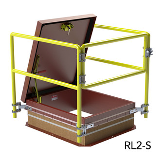3D rendering of the Bilco RL2-S guardrail system installed around an open red roof hatch