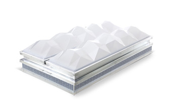 Studio product photo of the Taylon 4896 ULVSV smoke vent with faceted white dome lids and side vent louvers