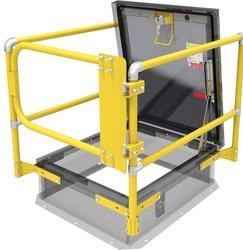 Small rendered icon of a yellow safety railing and self-closing gate around a roof hatch