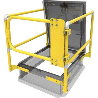Small rendered icon of a yellow safety railing and self-closing gate around a roof hatch
