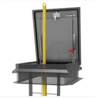 CAD rendering of a yellow ladder safety post extending through an open roof hatch