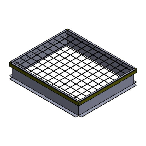 3D rendering of a roof curb with a diagonal wire safety grate on top, isometric view