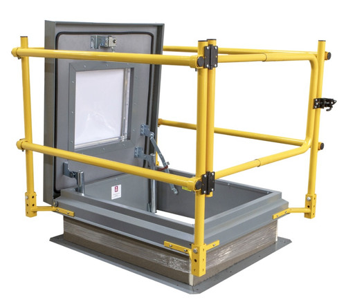 Studio photo of a Dur-Red safety railing system with self-closing gate around an open roof hatch