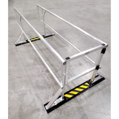 Assembled Kattsafe aluminum ladder protector guardrail with yellow and black safety base plates