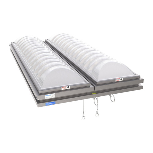3D rendering of a Sunoptics dual-dome curb-mounted smoke vent, closed, on a white background