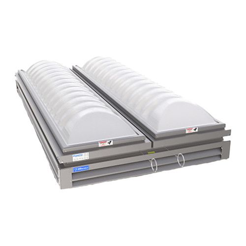 CAD rendering of the closed Sunoptics 4080 continuous smoke vent, showing its two ribbed dome sections and UL/FM labels