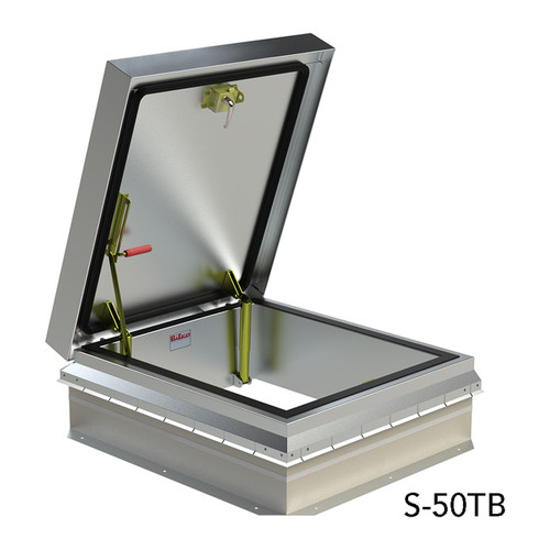 Rendered image of the Bilco S-50TB thermally broken roof hatch shown open