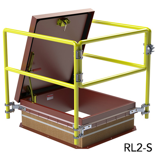 3D rendering of the Bilco RL2-S guardrail system installed around an open red roof hatch