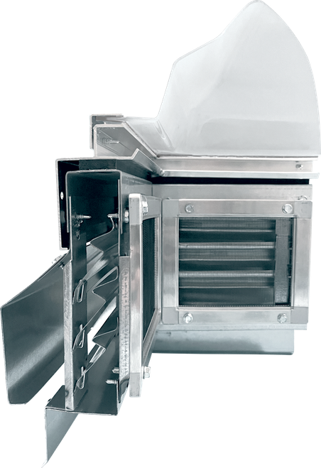 CAD cutaway rendering of a Velux louvered ventilation curb extension with rain defender louvers