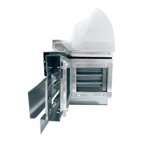 CAD cutaway rendering of a Velux louvered ventilation curb extension with rain defender louvers