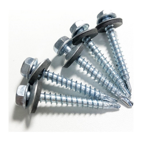 Close-up of hex-head self-drilling roof screws with rubber washers, used as Velux skylight fasteners