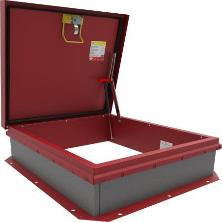 Rendered image of the Babcock Davis BG3630 roof hatch shown open in red finish