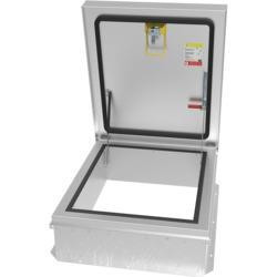 Babcock Davis aluminum roof hatch shown open, studio product photo on white background