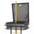 CAD rendering of a yellow ladder safety post extending through an open roof hatch