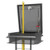 CAD rendering of a yellow ladder safety post extending through an open roof hatch