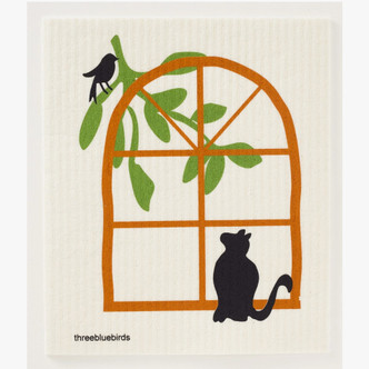 Three Bluebirds Cat in Window Swedish Dishcloth