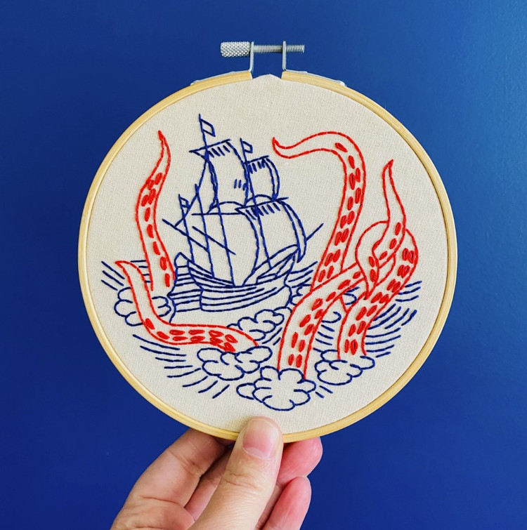 Hook Line & Tinker Kraken and Ship Complete Embroidery Kit