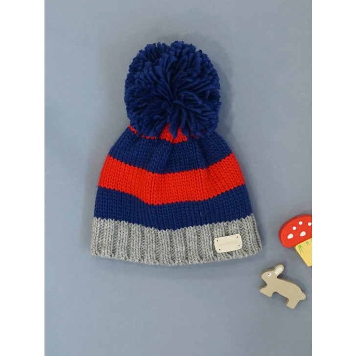 Grey and Navy Bobble Hat - Size 0-12 Months