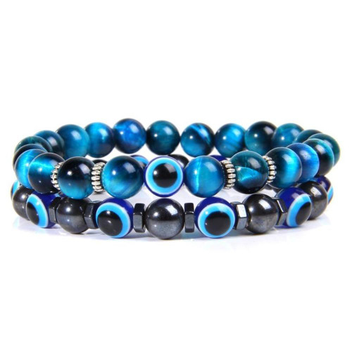 Natural Royal Blue Stone Tiger Eye and Evil Eye Bracelet 2 Pcs Combined