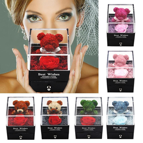 Immortal Preserved Rose Teddy Bear Box Display (22 Styles) With Bear or Without