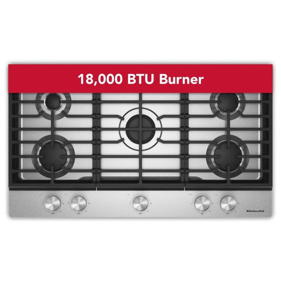 Kitchenaid® Gas-on-Metal Cooktop with 5 Versatile Burners and Edge-to-Edge Cast-Iron Grates KCGK336SSS