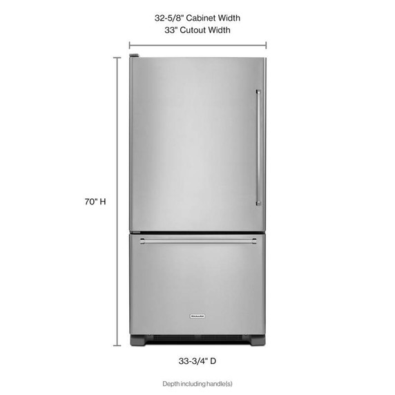 Kitchenaid® 22 cu.ft. 33-Inch Width Full Depth Non Dispense Bottom Mount Refrigerator KRBL102ESS