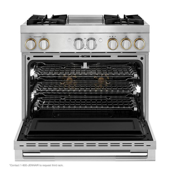 Jennair® 36" RISE™ Dual-Fuel Professional-Style Range with Chrome-Infused Griddle JDRP536HL Jennair® 36" RISE™ Dual-Fuel Professional-Style Range with Chrome-Infused Griddle JDRP536HL